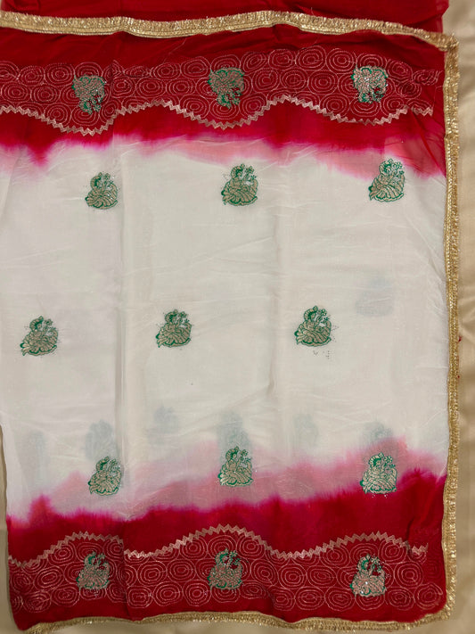 Doll White & Red Soft Semi Chiffon Rajputi Saree
