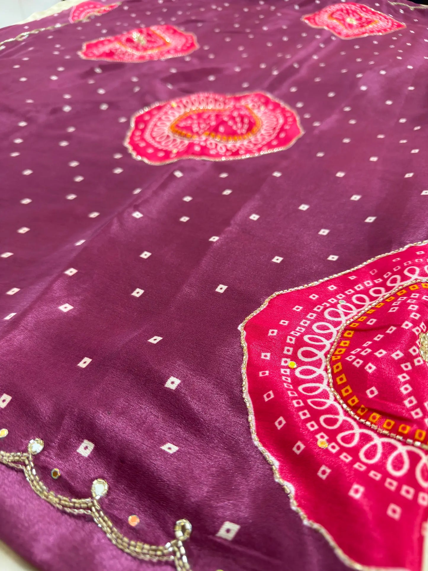 Chinon Handwork Bandhani Saree With Running Blouse