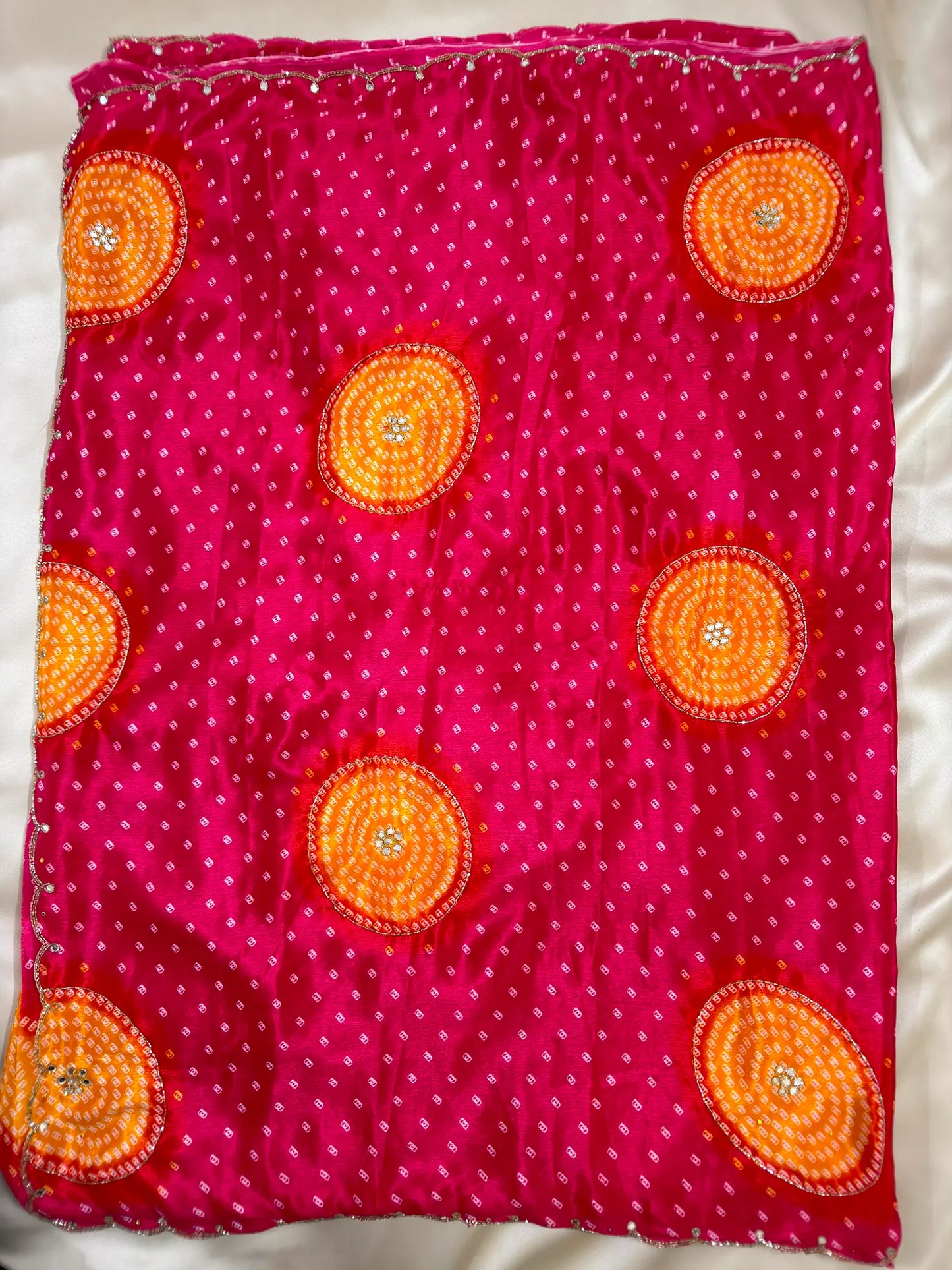 Chinon Handwork Bandhani Saree With Running Blouse