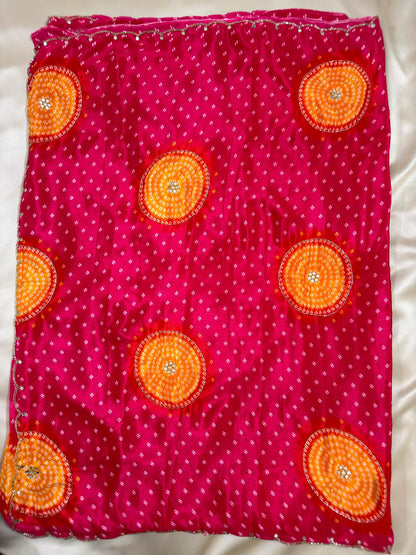 Chinon Handwork Bandhani Saree With Running Blouse