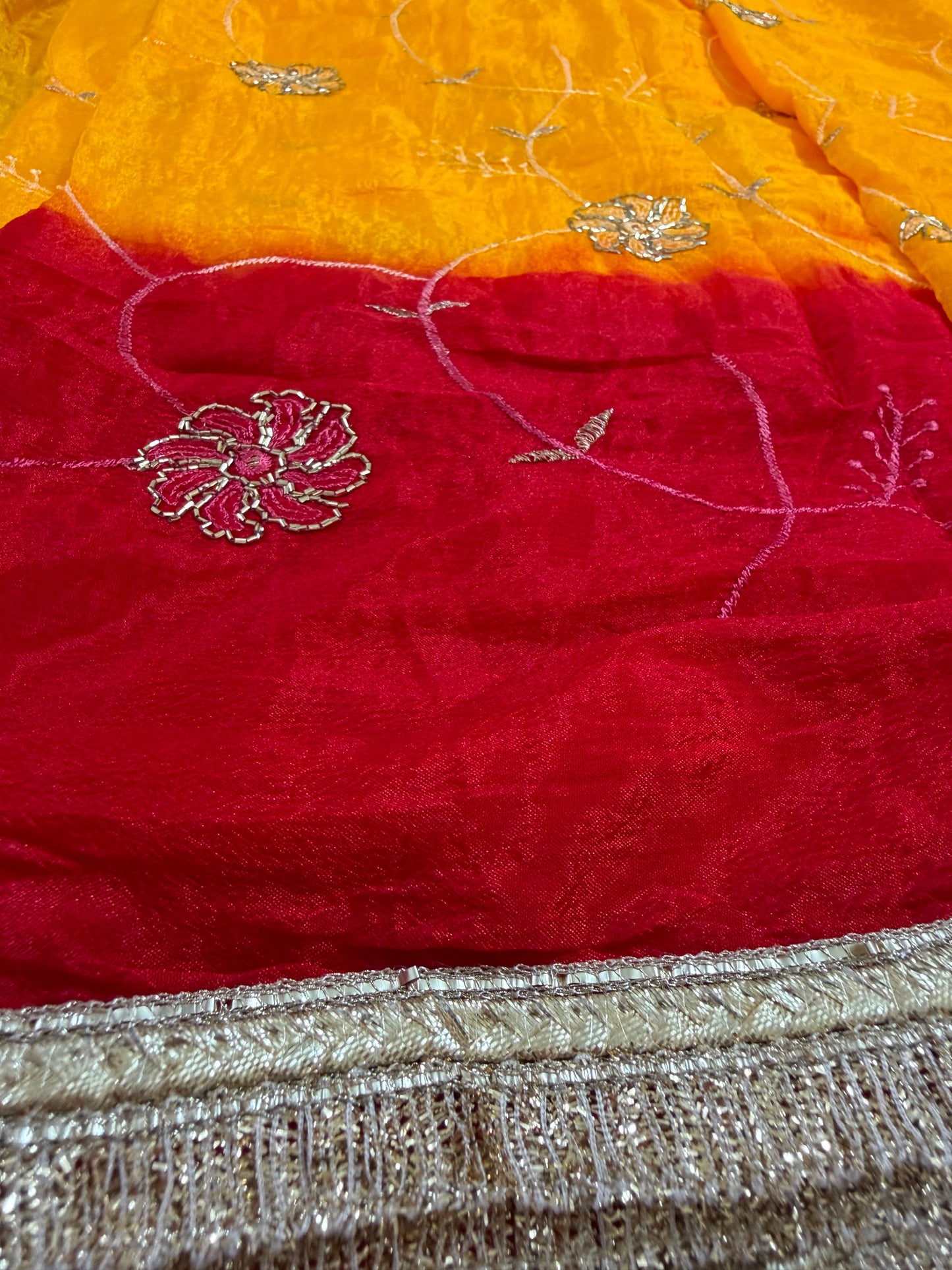 Cut Dana Rajputi Thread Work Red & Yellow Saree