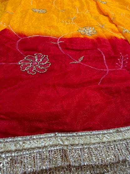 Cut Dana Rajputi Thread Work Red & Yellow Saree