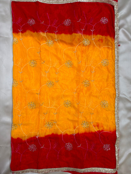 Cut Dana Rajputi Thread Work Red & Yellow Saree