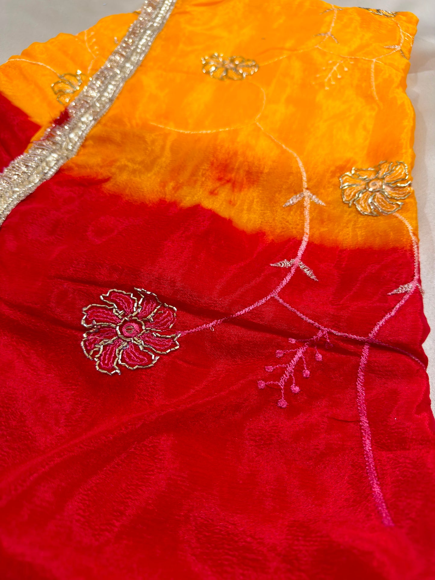 Cut Dana Rajputi Thread Work Red & Yellow Saree