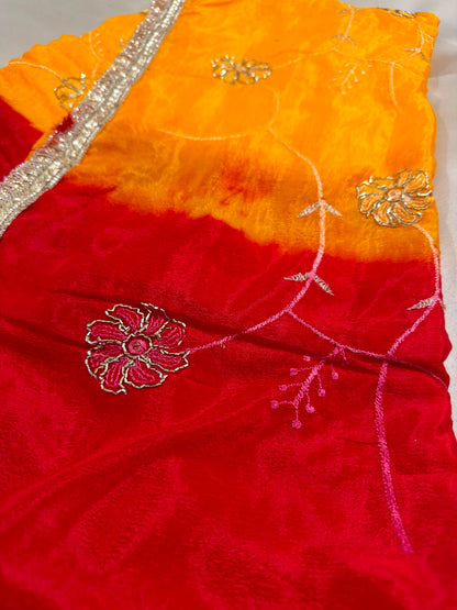 Cut Dana Rajputi Thread Work Red & Yellow Saree
