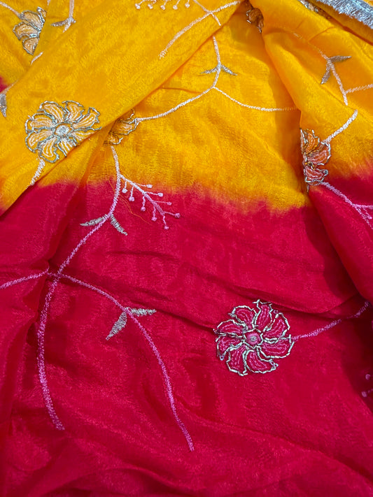 Cut Dana Rajputi Thread Work Red & Yellow Saree
