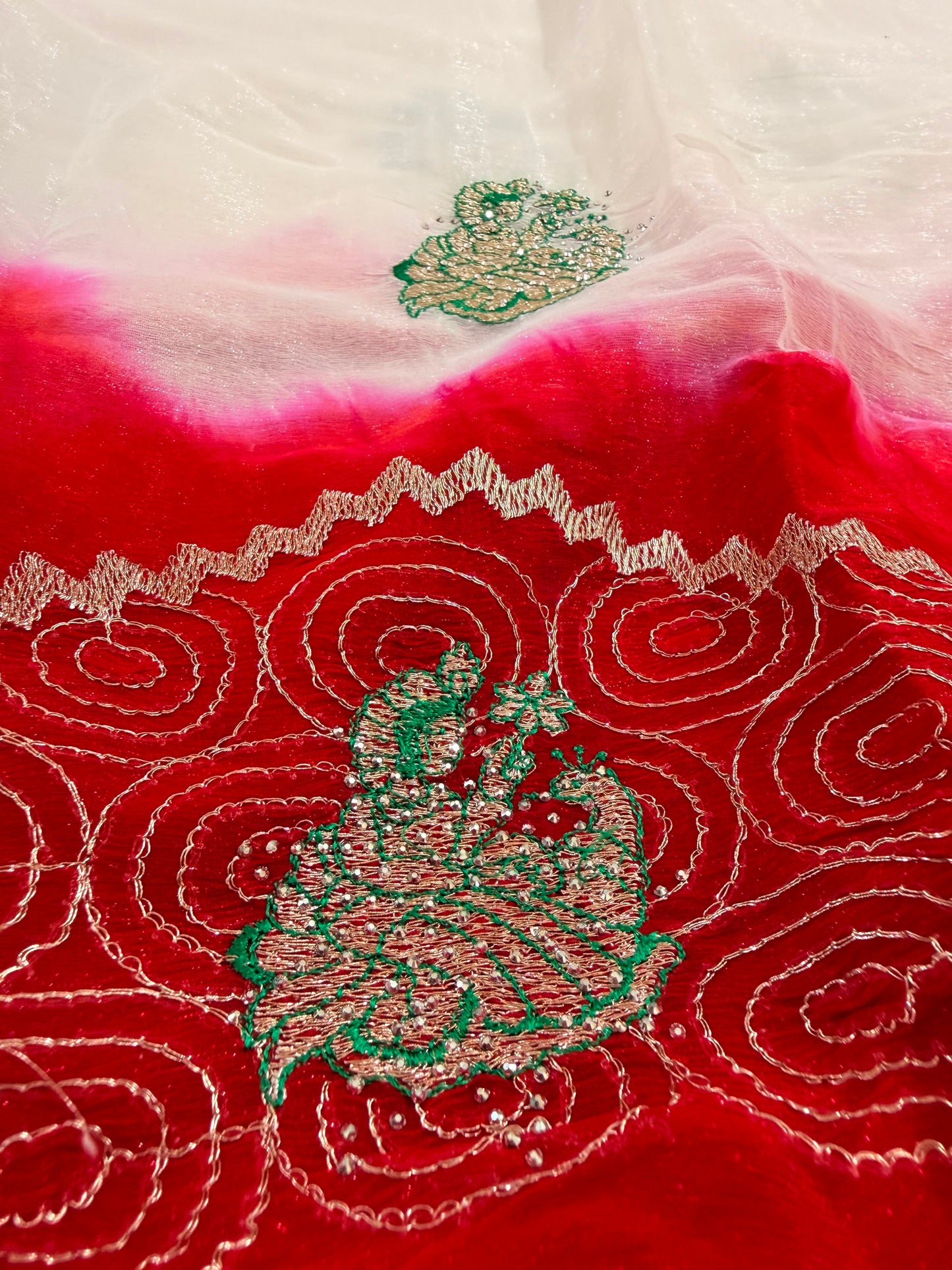 Doll White & Red Soft Semi Chiffon Rajputi Saree
