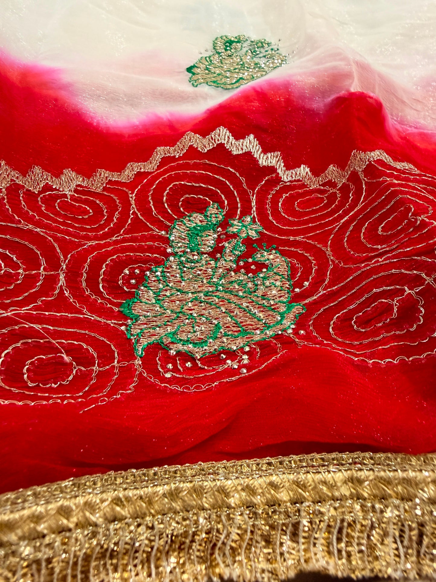Doll White & Red Soft Semi Chiffon Rajputi Saree