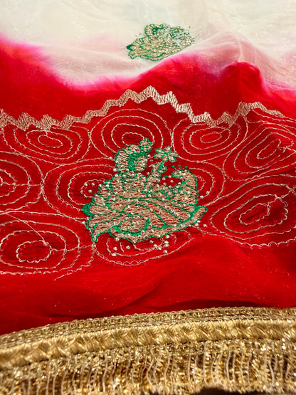 Doll White & Red Soft Semi Chiffon Rajputi Saree