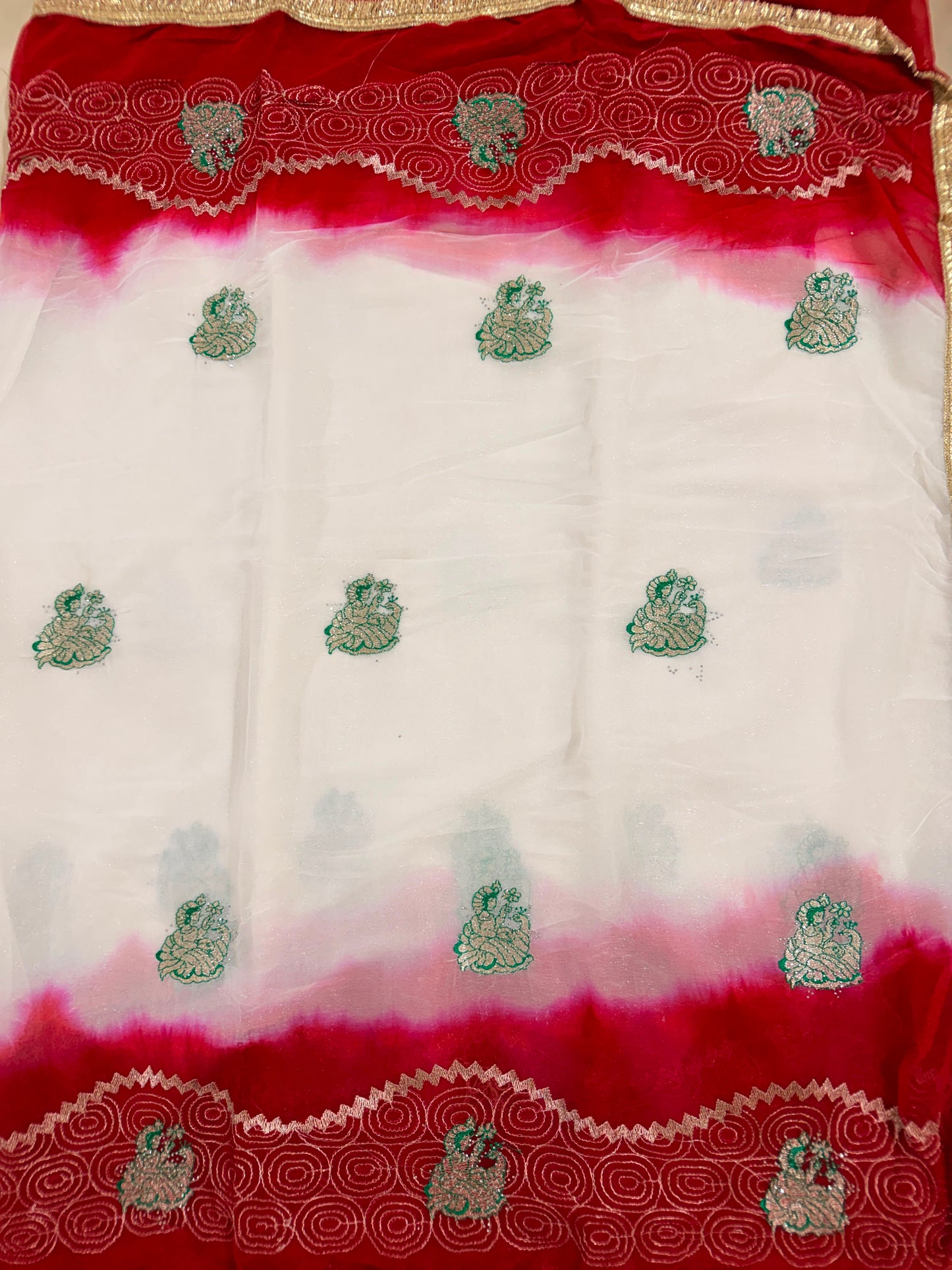 Doll White & Red Soft Semi Chiffon Rajputi Saree