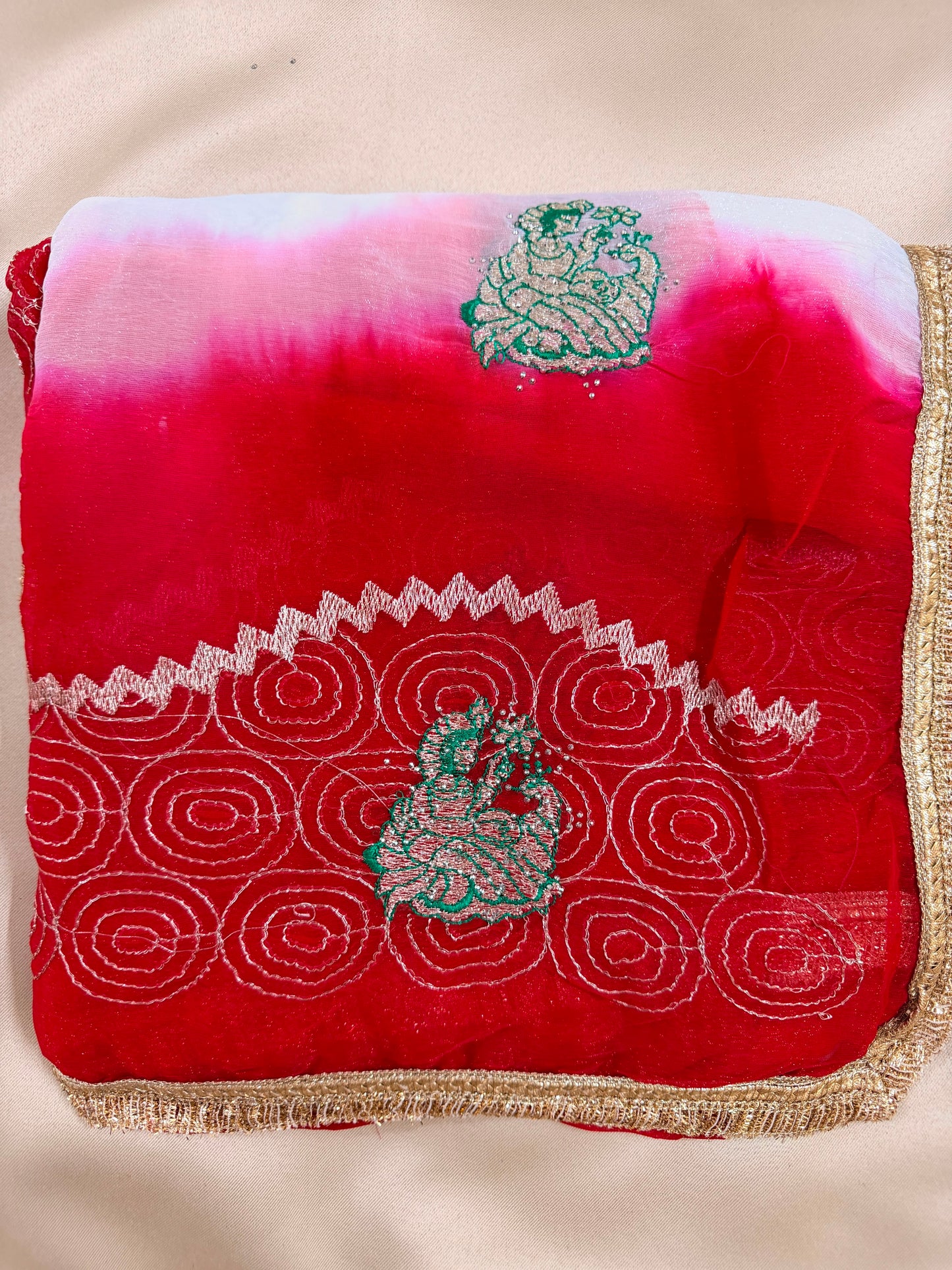 Doll White & Red Soft Semi Chiffon Rajputi Saree