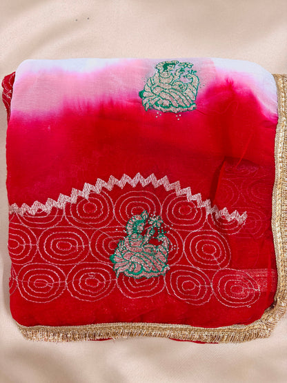 Doll White & Red Soft Semi Chiffon Rajputi Saree