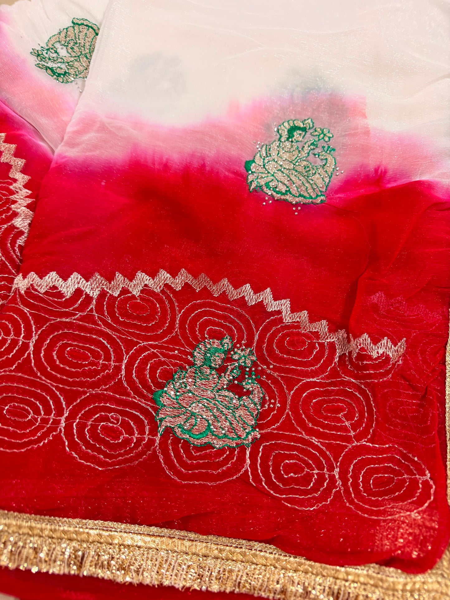 Doll White & Red Soft Semi Chiffon Rajputi Saree