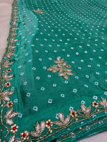 Bandhej Hand Work Saree With Contrast Blouse