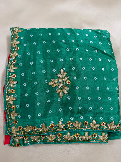 Bandhej Hand Work Saree With Contrast Blouse