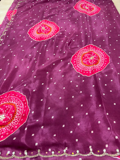 Chinon Handwork Bandhani Saree With Running Blouse