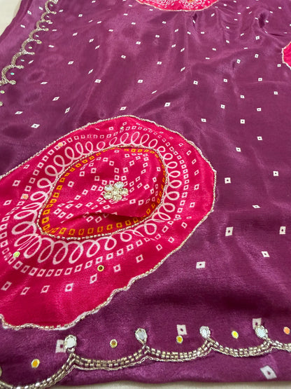 Chinon Handwork Bandhani Saree With Running Blouse