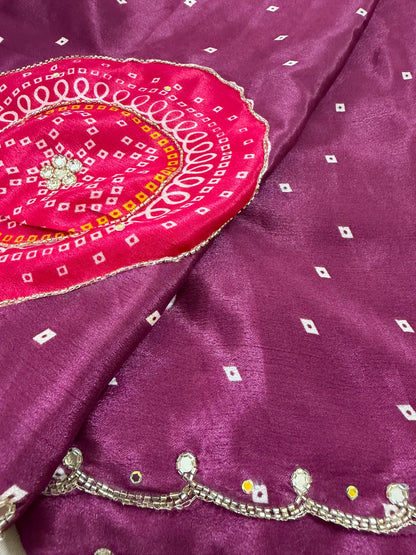 Chinon Handwork Bandhani Saree With Running Blouse