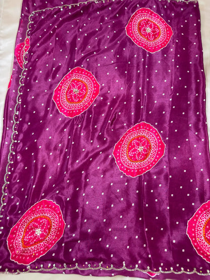 Chinon Handwork Bandhani Saree With Running Blouse